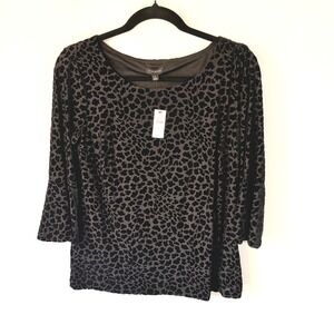 Talbots Women's Black Gray Leopard Print Velvet Burnout 3/4 Sleeve Top Sz S NEW